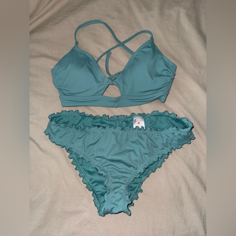 Shade & Shore Teal Ruffle Bikini Set with Strappy Top